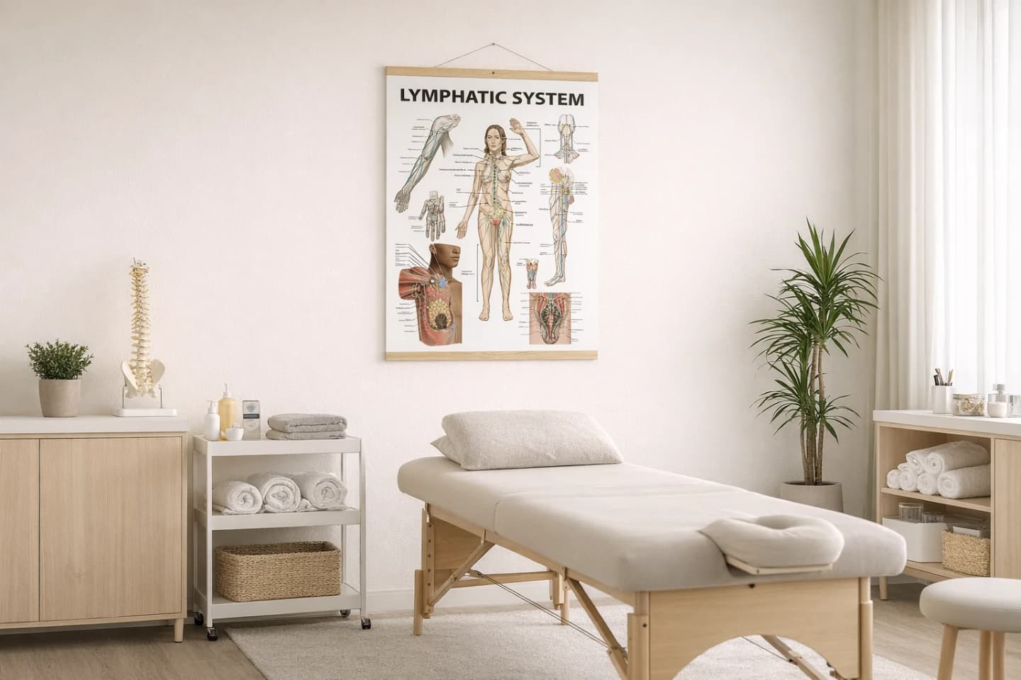 University classroom with anatomy wall visual