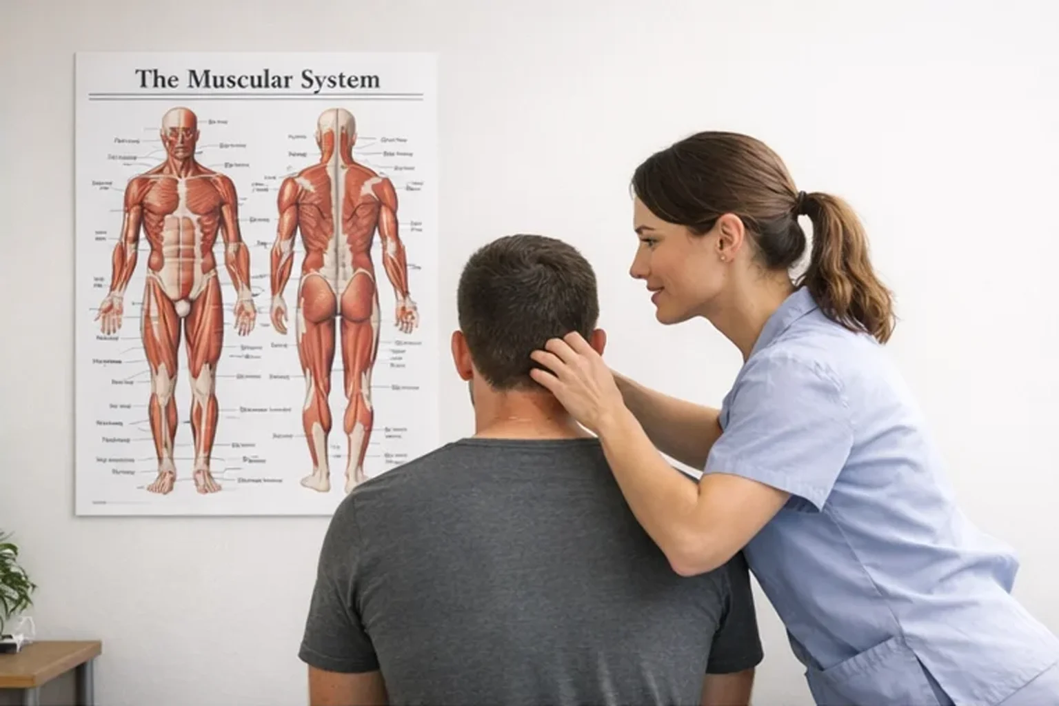 Student practice room with anatomy guidance poster